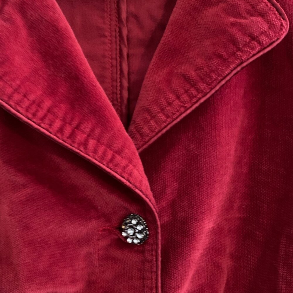 Y2K Women's Red Corduroy Blazer Rhinestone Buttons Red Silk Piping Jacket XL - Picture 2 of 16
